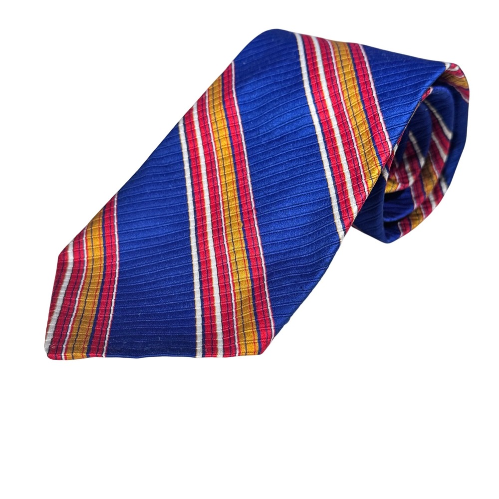 Oleg Cassini Blue Red Gold White Stripe Silk Mens Necktie